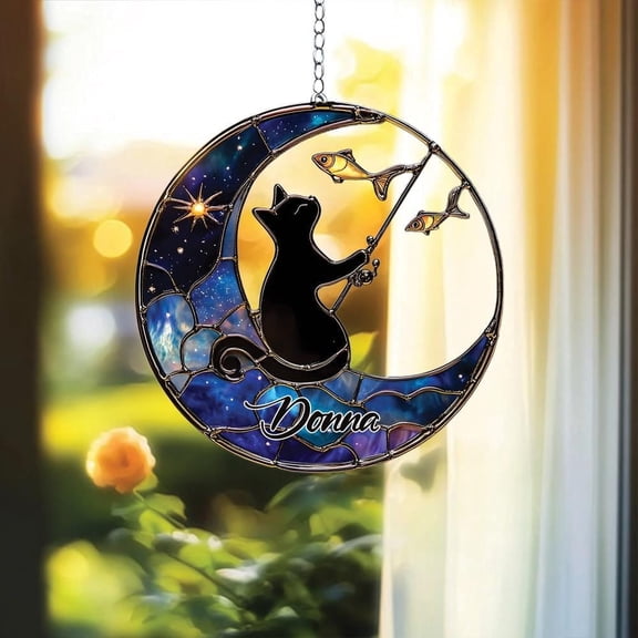 Personalized Cat on Crescent Moon Suncatcher with Galaxy Sky and Fish, Custom Name Acrylic Window Decor for Cat Lovers and Dreamers