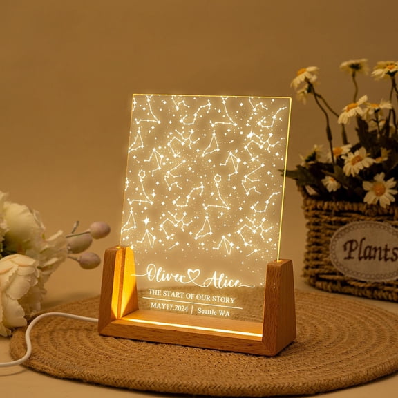 Personalized Celestial Constellation Custom Night Light Acrylic Plaque Wooden Base Anniversary Star Map Table Lamp