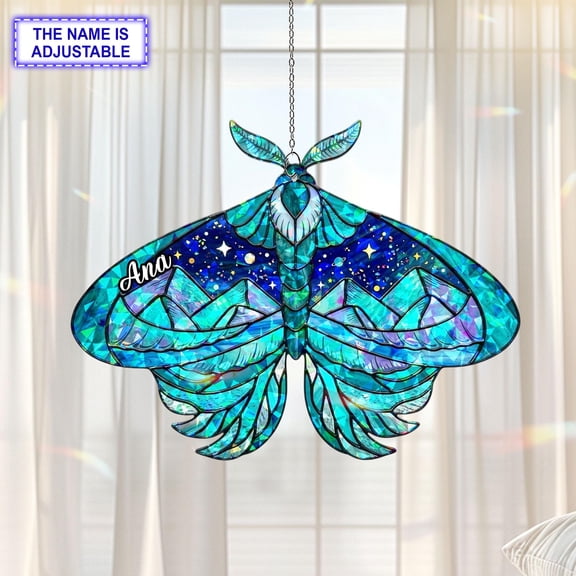 Personalized Celestial Luna Moth Acrylic Suncatcher, Custom Name Holographic Window Hanging Decor, Fantasy and Celestial Decor