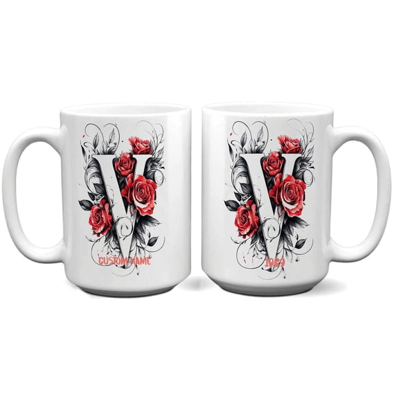 Personalized Ceramic Coffee Mug with Letter V for Women, Custom Initial Cup 11oz 15oz, Gift Idea for Mom, Friend, or Sister