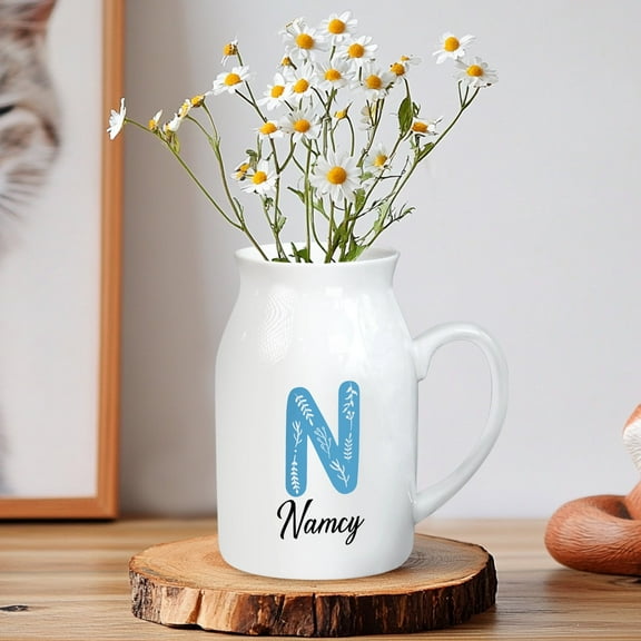 Personalized Ceramic Jug Vase with Blue Pattern Monogram – Custom Name White Pitcher for Flowers – Minimalist Gift for Her, Mom, Birthday – Home Decor for Kitchen, Table, or Shelf