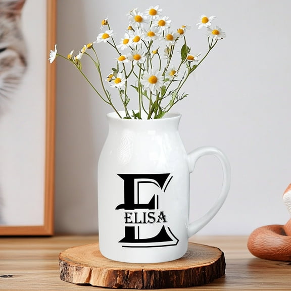 Personalized Ceramic Jug Vase with Bold Black Initial – Custom Name White Pitcher – Elegant Monogram Decor – Gift for Her, Him, Office, Desk, Shelf, or Kitchen Table Accent