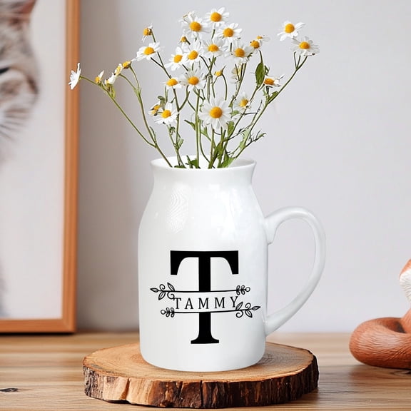 Personalized Ceramic Jug Vase with Name & Botanical Monogram – Custom Black Initial Pitcher – Rustic Farmhouse Home Decor Gift for Her, Mom, Kitchen Table or Shelf Display