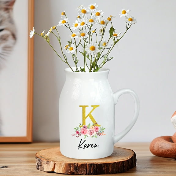Personalized Ceramic Jug Vase with Name & Gold Floral Monogram – Custom White Pitcher for Flowers – Elegant Gift for Women, Mom – Rustic Home, Kitchen, Table, or Shelf Décor