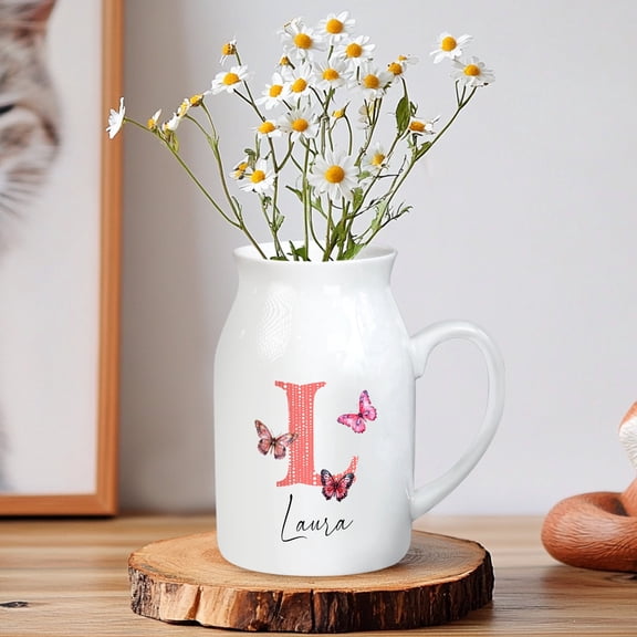 Personalized Ceramic Jug Vase with Pink Butterfly Monogram – Custom Name Pitcher for Flowers – Whimsical Gift for Her, Mom, Daughter – Feminine Spring Home Decor Accent