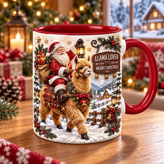 Personalized Ceramic Mug Santa Llama Christmas Coffee Cup for Alpaca Fans