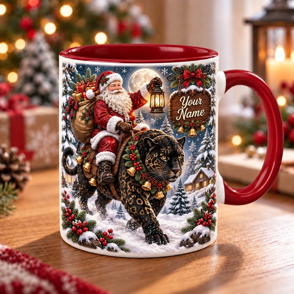 Personalized Ceramic Mug Santa and Jaguar Christmas Design for Coffee Drinking Gift