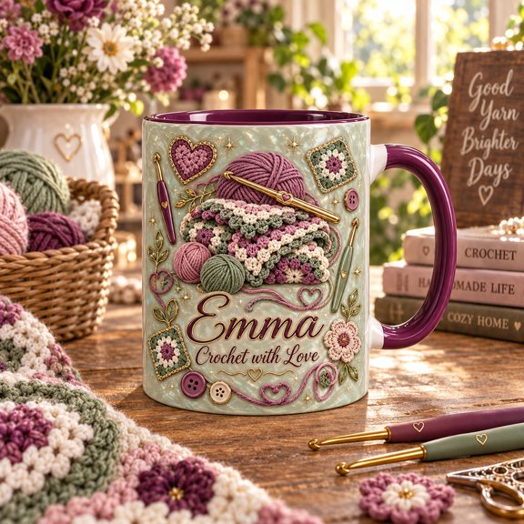 Personalized Ceramic Mug with Crochet Hooks, Yarn and Granny Squares for Lovers