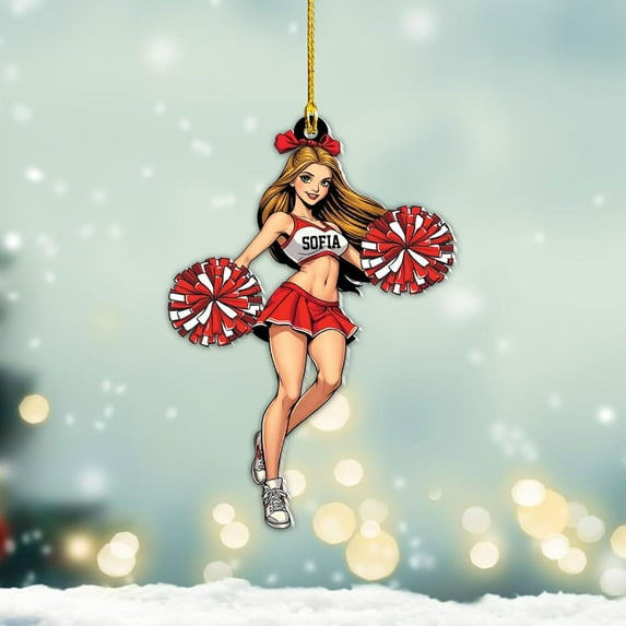 Personalized Cheerleader Christmas Ornament 2025, Cheerleading Stuff Ornament, Cheer Captain Ornament, Cheer Girl Dancer Cheerleading with Real Red Pompom Ornament for Xmas Tree (Cheer 3) - 3720 (Red)