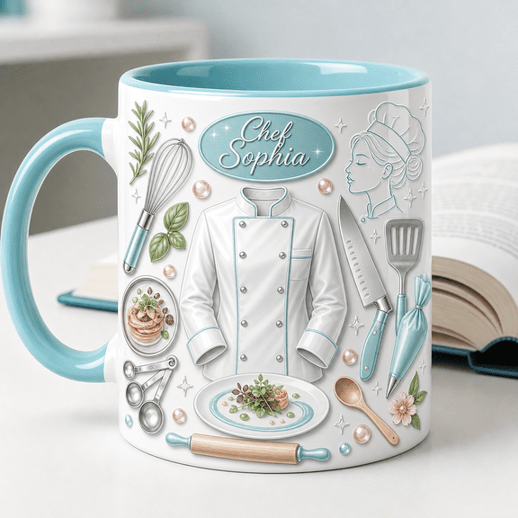 Personalized Chef Ceramic Coffee Mug, Custom Name Kitchen Tools Cup for Culinary Art Gift