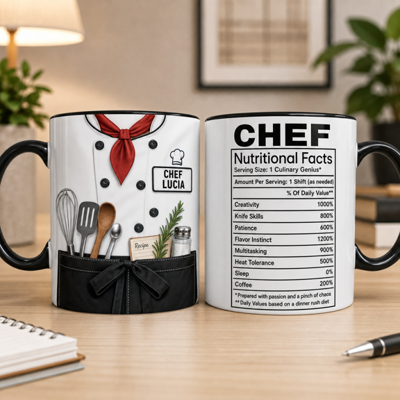 Personalized Chef Mug 3D Effect Custom Name Nutrition Facts Gift for Cooks
