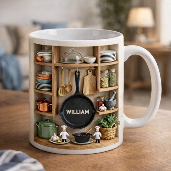 Personalized Chef Mug, Custom Name Kitchen Coffee Cup, 3D Cooking Shelf Design Gift for Dad Husband