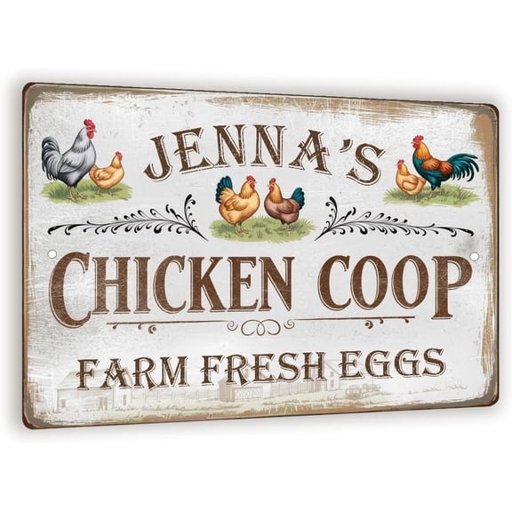 Personalized Chicken Coop Sign 8x12 Vintage Farm Fresh Eggs Metal Wall Art, Custom Rooster Hen Decor for Barn, Coop, or Kitchen