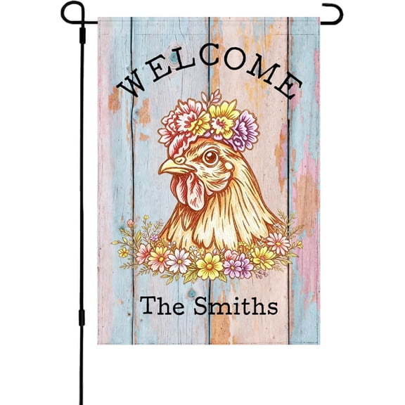 Personalized Chicken Garden Flag With Custom Family Name, Teal and Pink Shabby Chic Hen House Decor for Mailbox or Yard