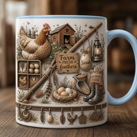 Personalized Chicken Lover Mug, Farm Fresh Feathers Custom Name Coffee Cup Gift