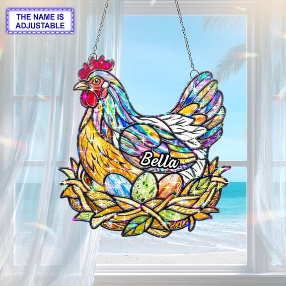 Personalized Chicken Nest Acrylic Suncatcher, Custom Name Holographic Window Hanging Decor, Bird Lover Gift
