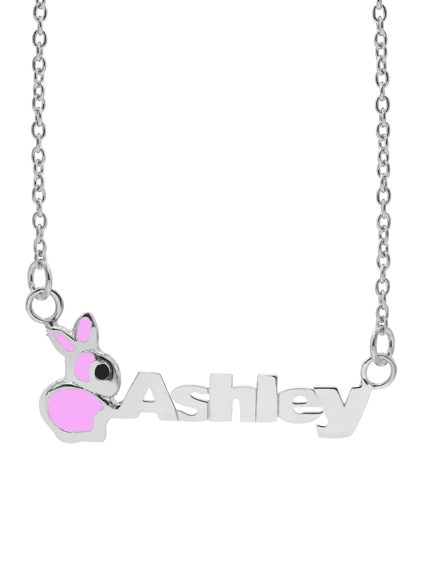Personalized Children's Name Necklace with Pink or White Enamel on Bunny Motif