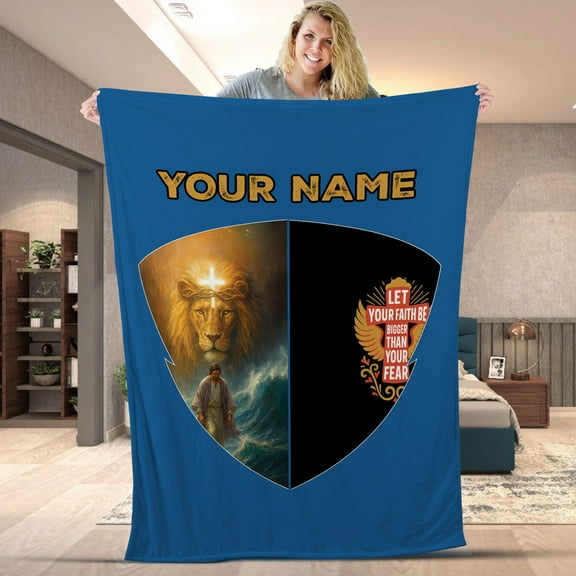 Personalized Christian Blanket - Lion of Judah and Jesus Walking on Water Throw, “Let Your Faith Be Bigger Than Your Fear” Religious Fleece & Shepra Throw, Custom Faith Gift for Believers Blanket