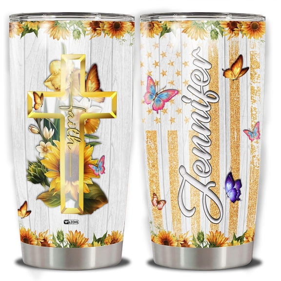 Personalized Christian Faith Tumbler Cup American Flag Jesus Stainless Steel Insulated Travel Mug 20oz 30oz Christmas Birthday Religious Custom Name Gifts For Women Christians