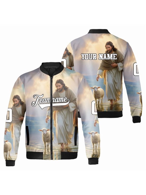 Personalized Christian Jesus Bomber Jacket with Lamb – Religious Faith-Based Zip Up Coat – Custom Inspirational Christian Outerwear for Men & Women
