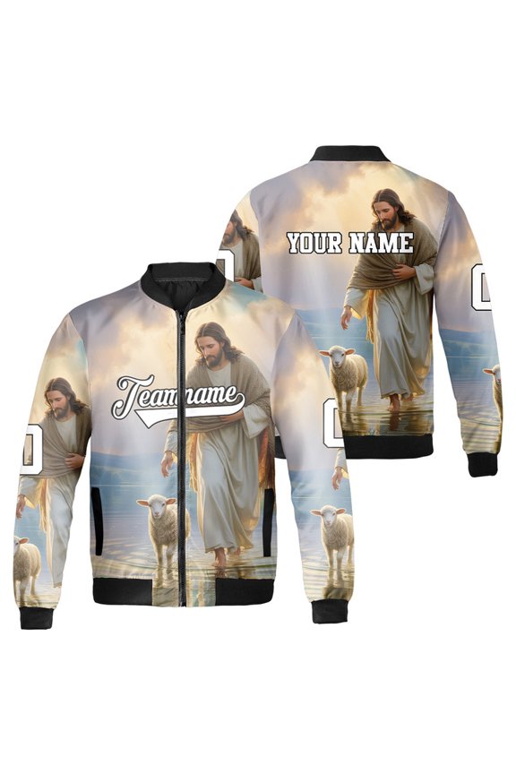 Personalized Christian Jesus Bomber Jacket with Lamb – Religious Faith-Based Zip Up Coat – Custom Inspirational Christian Outerwear for Men & Women