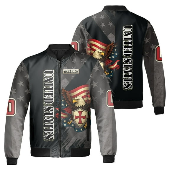 Personalized Christian Patriotic United States Bomber Jacket – Patriotic American Eagle & Flag Design, Custom Military Style Coat for Veterans & Patriots