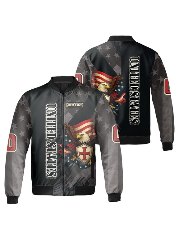 Personalized Christian Patriotic United States Bomber Jacket – Patriotic American Eagle & Flag Design, Custom Military Style Coat for Veterans & Patriots