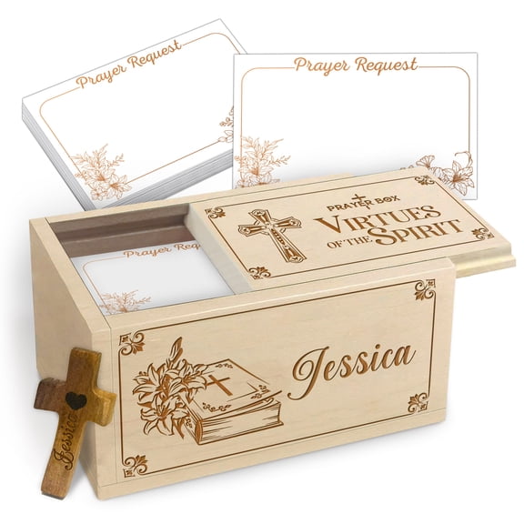 Personalized Christian Prayer Box with Virtues Theme, Custom Name Maple Wood Prayer Keepsake with 100 Blank Prayer Cards and Wooden Handheld Cross