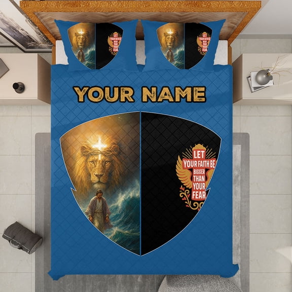 Personalized Christian Quilt Bedding Set – Custom Lion of Judah and Jesus Quilt Blanket & Pillowcases, Let Your Faith Be Bigger Than Your Fear, Religious Bedding Decor, Faith Gift for Believers