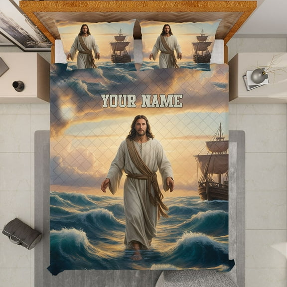 Personalized Christian Quilt Bedding Set – Custom Name Jesus Walking on Water Quilt Blanket & Pillowcases, Religious Faith Bedding, Inspirational Spiritual Home Decor, Gift for Believers
