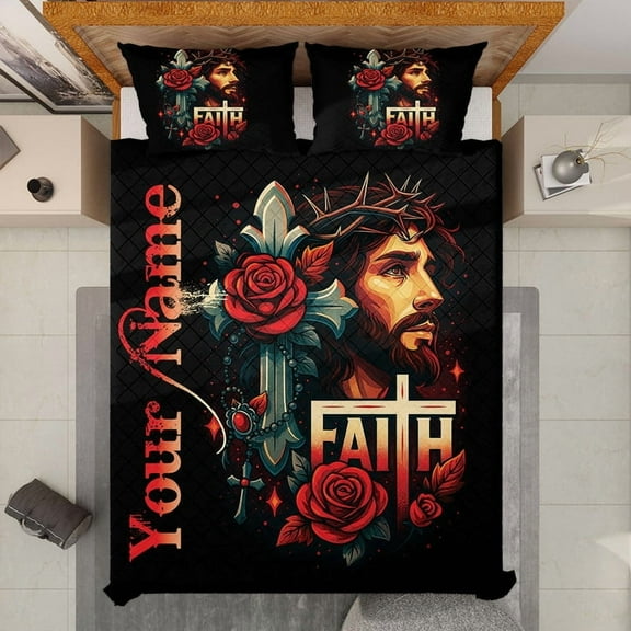 Personalized Christian Quilt Bedding Set with Jesus and Cross Design – Faith and Roses Custom Name Quilt Bed Set - Religious Home Décor Gift