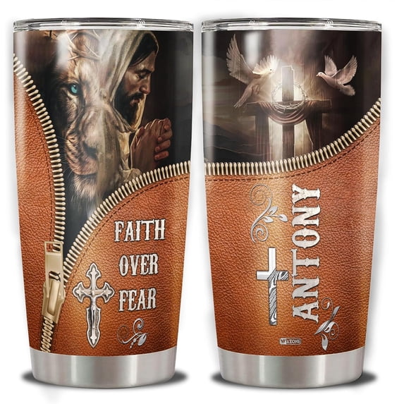 Personalized Christian Tumbler 20oz 30oz Faith Over Fear Jesus Leather Drawing Style Stainless Steel Travel Mug Christmas Religious Themed Gift For Women Men Christians