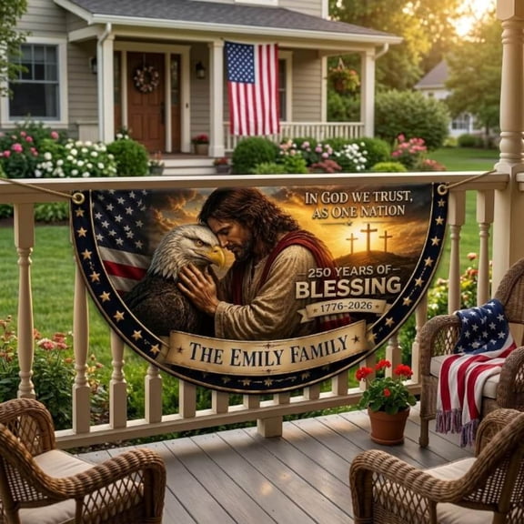 Personalized Christian USA Banner, In God We Trust Patriotic Flag, 1776-2026 4th of July Decor, Custom Family Name