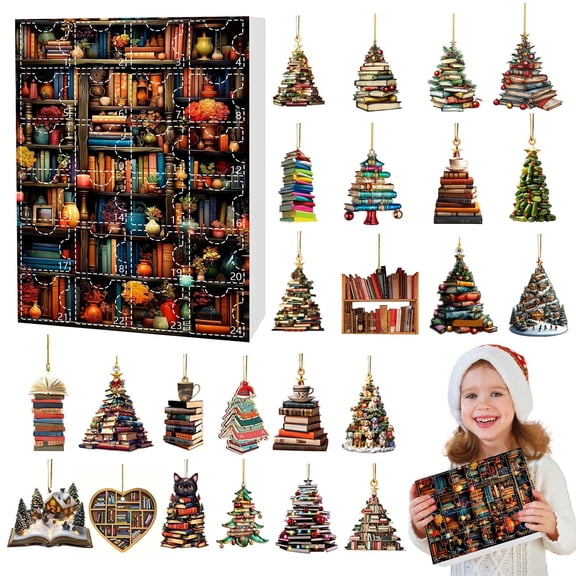Personalized Christmas Advent Calendar Book Tree Ornament 24 Day Custom Name Acrylic Ornament for Lovers Librarian Book Nerd Friends 2025 Christmas Decoration Gift Idea 2D Flat