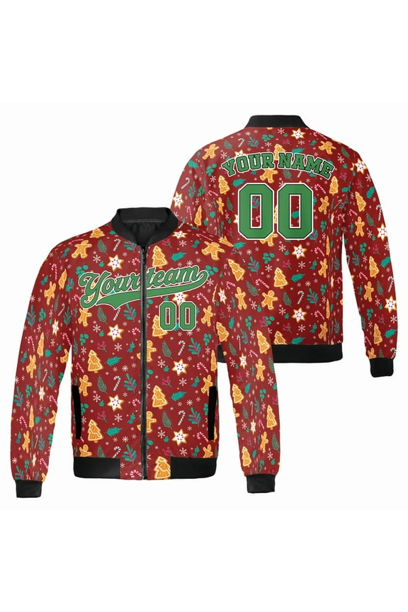 Personalized Christmas Bomber Jacket - Custom Name & Number - Red Holiday Gingerbread Cookie Print Jacket for Men & Women