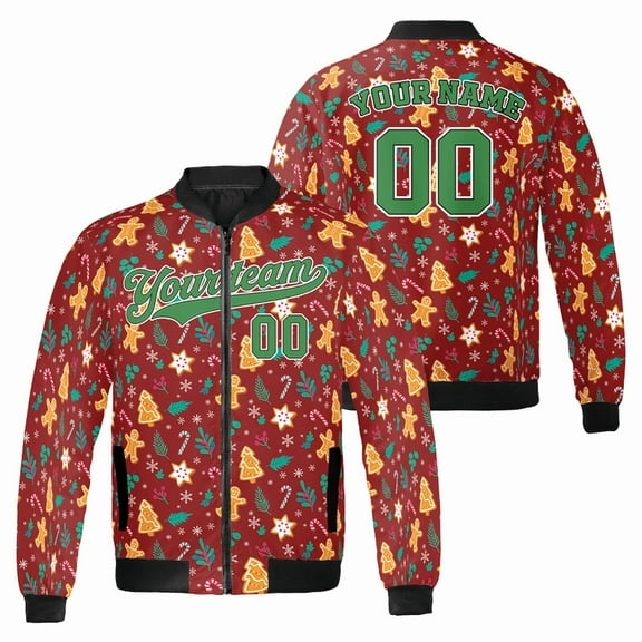 Personalized Christmas Bomber Jacket - Custom Name & Number - Red Holiday Gingerbread Cookie Print Jacket for Men & Women