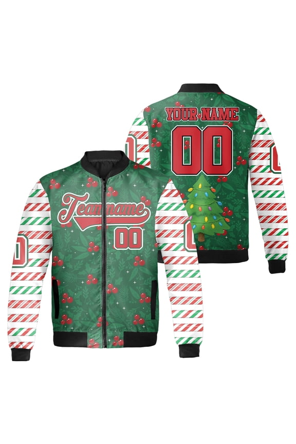 Personalized Christmas Bomber Jacket With Tree & Candy Cane Design - Custom Holiday Winter Merry Xmas for Men & Women