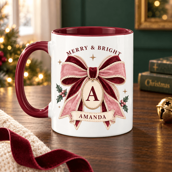 Personalized Christmas Bow Monogram Pink Burgundy Ceramic Coffee Mug Gift