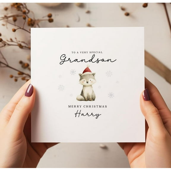 Personalized Christmas Card for Grandson  Adorable Fox Design  "Merry Christmas" Message  Blank Inside for Personal Touch  Perfect Holiday Gift Greeting Card