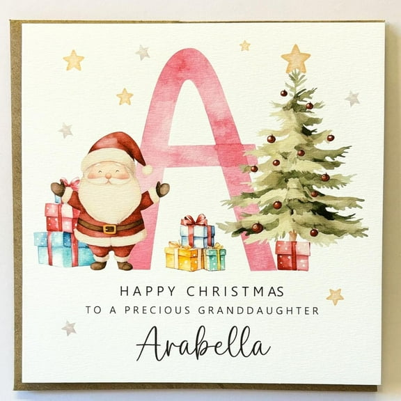 Personalized Christmas Card for Granddaughter Adorable Santa and Christmas Tree Design Customizable Name Perfect Holiday Greeting Card for Kids