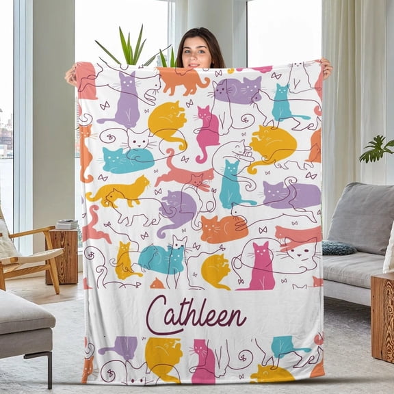 Personalized Christmas Cat Fleece Blanket, Cute Cats Blanket, Custom Name Fleece Blanket