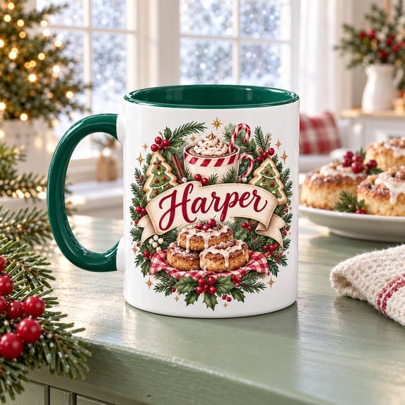 Personalized Christmas Cinnamon Roll Mug, Hot Cocoa Illustration ...