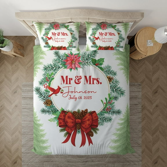 Personalized Christmas Couple Bedding Set – Mr. & Mrs Holiday Anniversary Bedroom Décor