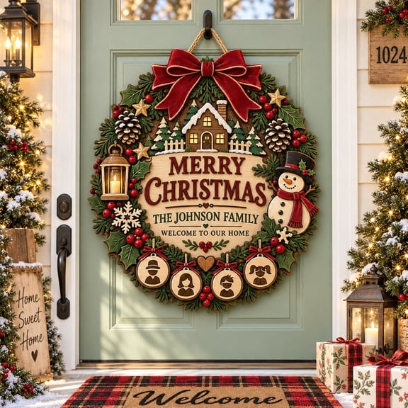 Personalized Christmas Family Wreath Wooden Door Sign for Front Entry Decor