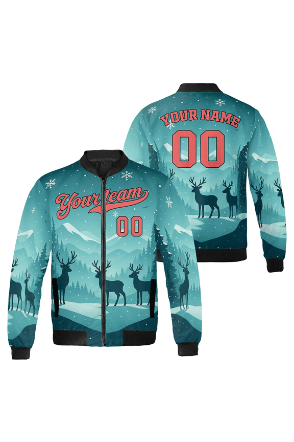 Personalized Christmas Festive Santa Bomber Jacket - Custom Name & Number, Winter Reindeer Design, Holiday Team Gift Jacket for Men & Women
