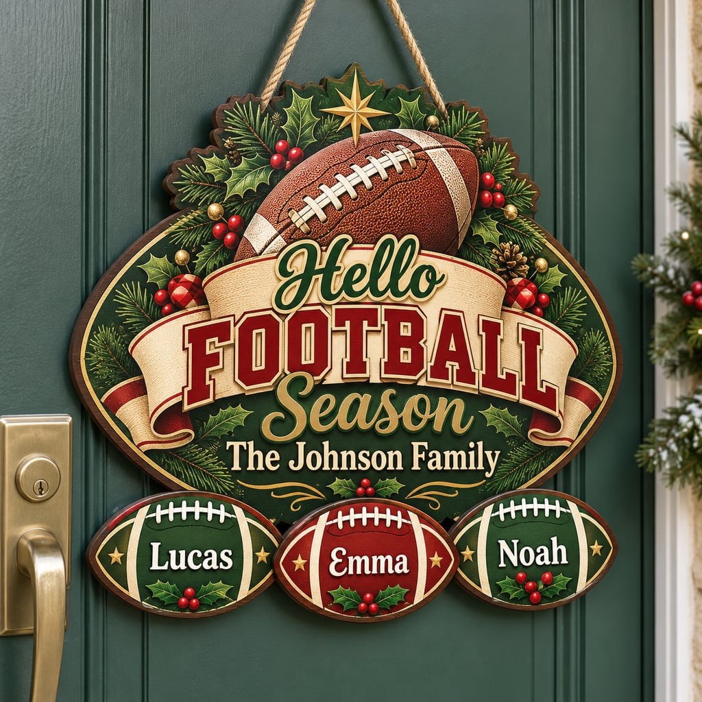 Personalized Christmas Football Wooden Door Sign, Custom Family Name ...