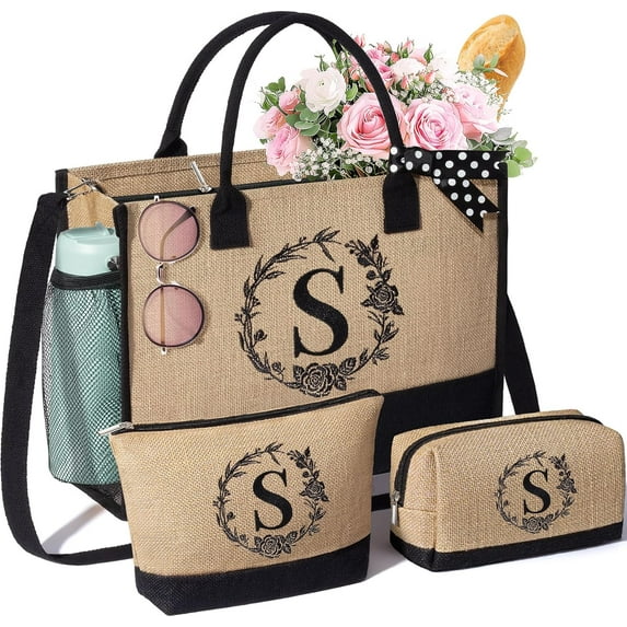 Personalized Christmas Gifts for Women Tote Bag, Initial Jute Tote Bag & Makeup Bags Monogrammed Beach Bag w/Zipper, Holiday Birthday Gifts for Women Her Mom Daughter Sister Girlfriend Teacher