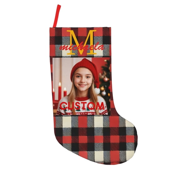 Personalized Christmas Hanging Stocking, Custom Photo, Name & Initial Christmas Stocking, 18 Inch Plaid Pattern Xmas Stocking, Perfect for Holiday Home Decor & Gifts, 1Pcs