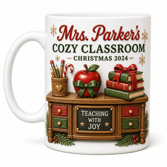 Personalized Christmas Mug, Cozy Classroom Ceramic Coffee Cup for Teacher Gift