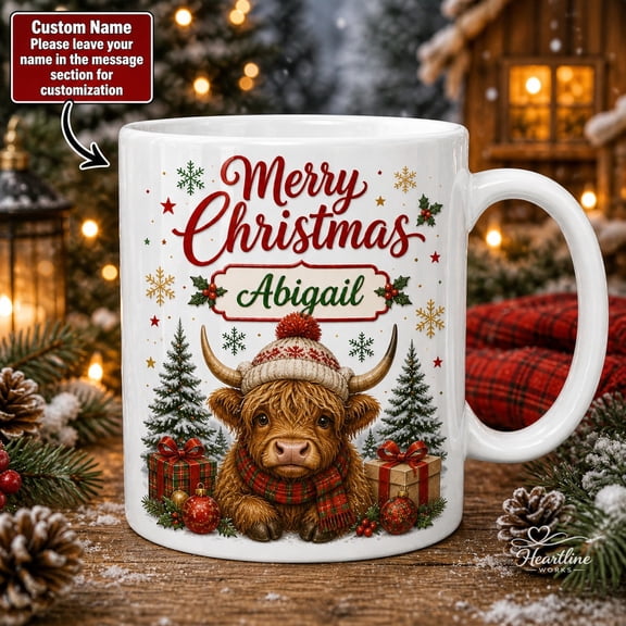 Personalized Christmas Mug Highland Cow Custom Name Coffee Cup for Holiday Gift
